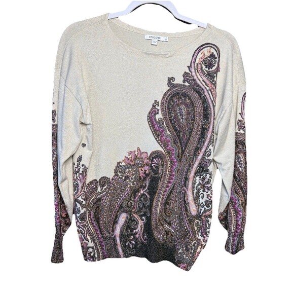 Chico's Metallic Paisley Knit Sweater Top Women's Size 1 Medium Cream Purple - Picture 4 of 11